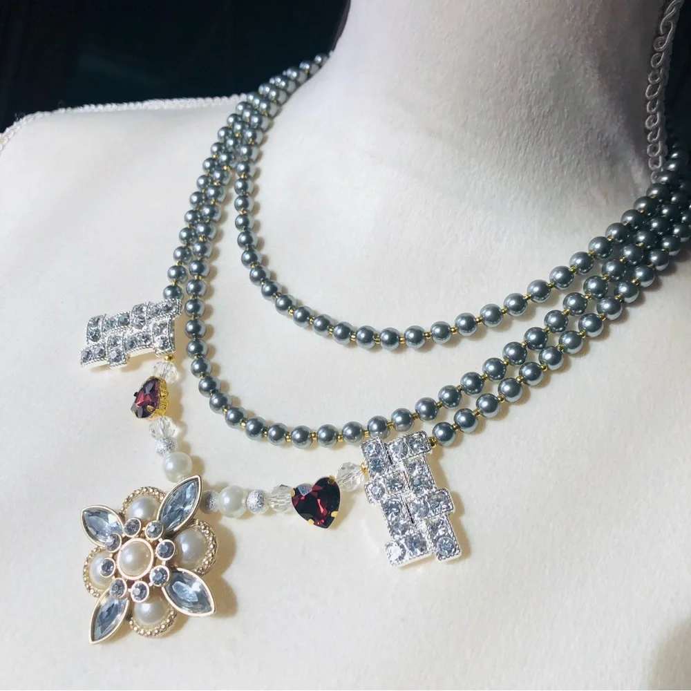Handcrafted repurpose faceted gem Czech glass Pearl fancy toggle clasp necklace